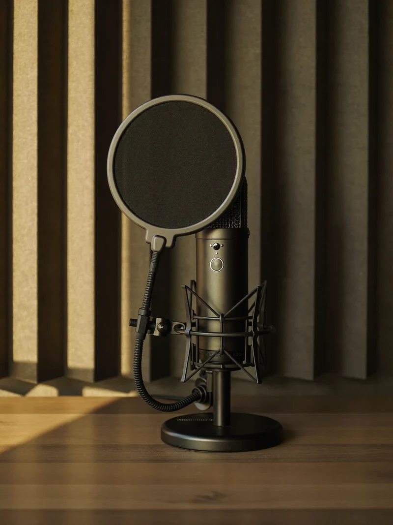 Kondensatormikrofon med popfilter i et stille hjørne med akustikskum bagved